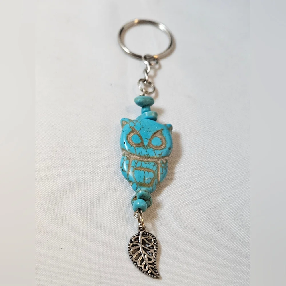 Turquoise Owl Keychain with Silver Leaf Charm And Small Turquoise Pebble